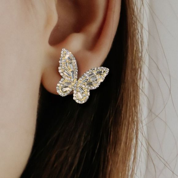 Gold-Tone Round and Baguette White Crystal Butterfly Pierced Earrings - Picture 2 of 6